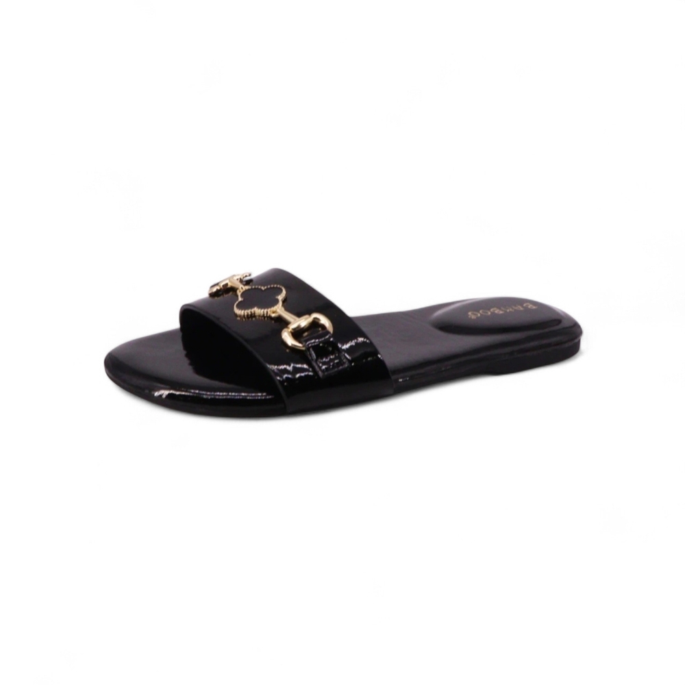 Black Patent Slide Sandal with Gold Hardware - Picture 3 of 3